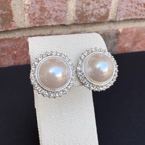Vintage Vendome Faux Pearl & Crystal Round Clip On Earrings‎ Silver Tone MCM